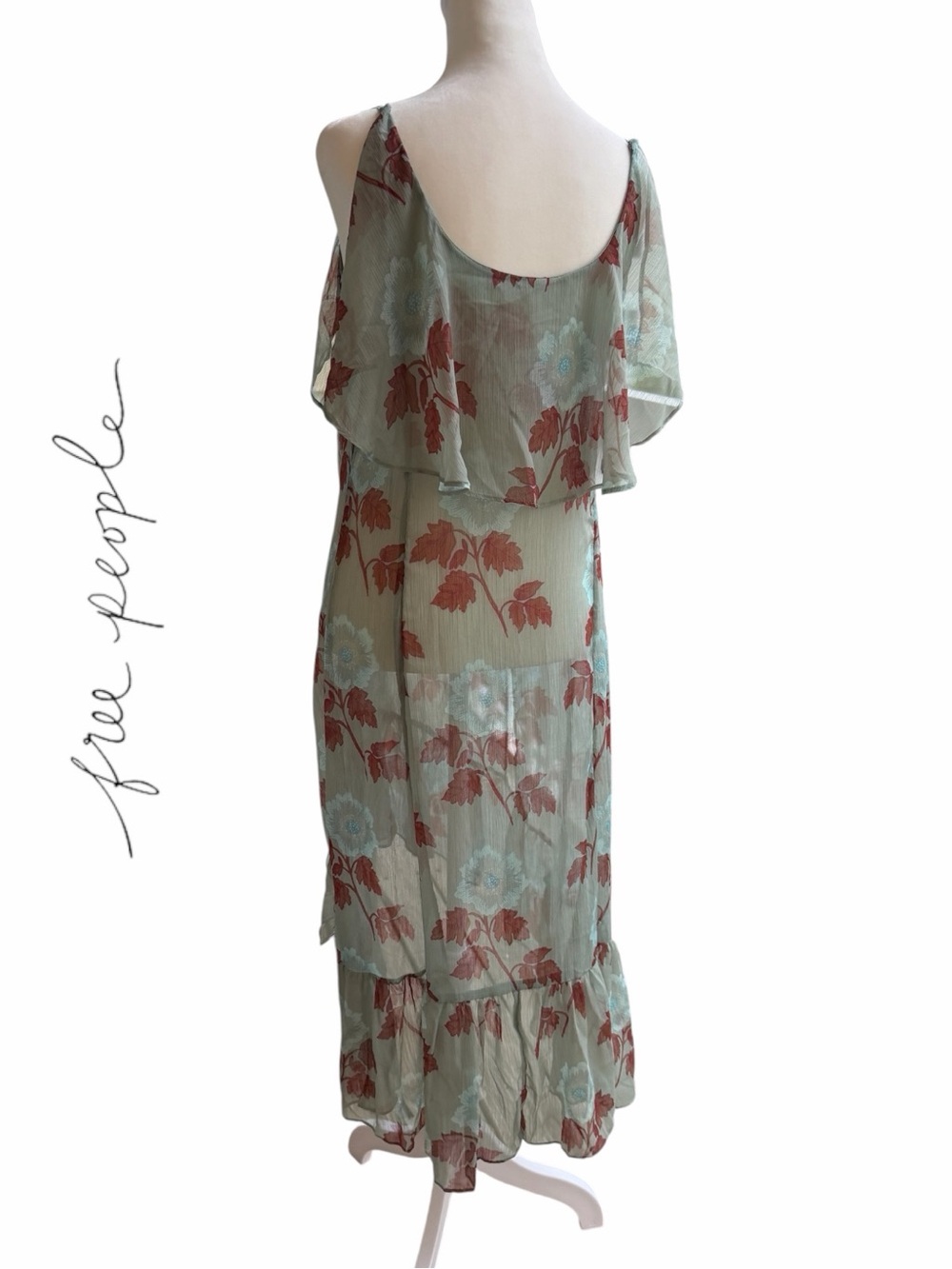 Free People Light Sage Green Floral Ruffle Midi Sheer Dress - Picture 4 of 13